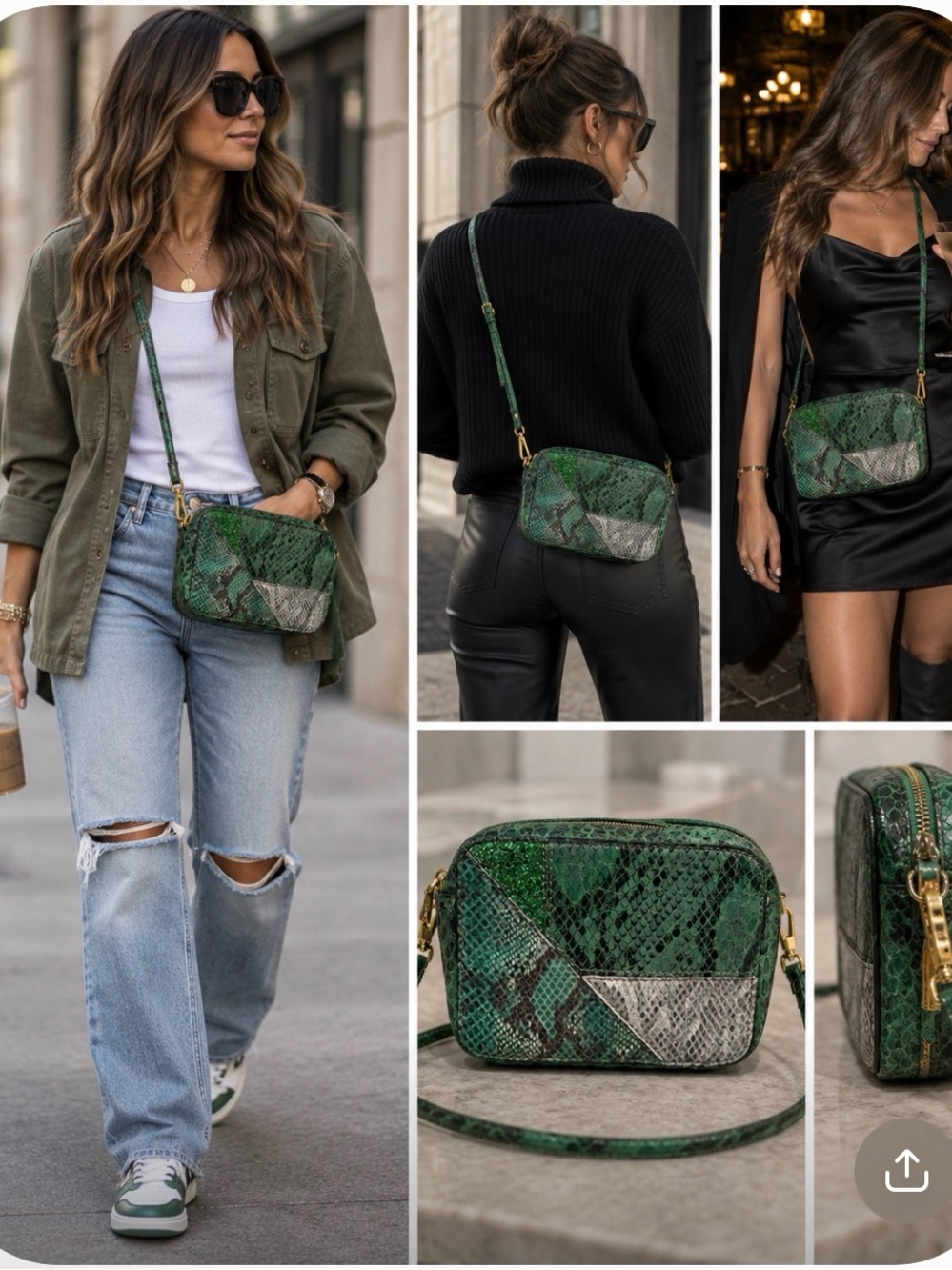 Stella McCartney Green Snake-Print Panel Crossbody Bag